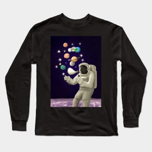 An astronaut on the moon plays with the planets like soap bubbles Long Sleeve T-Shirt